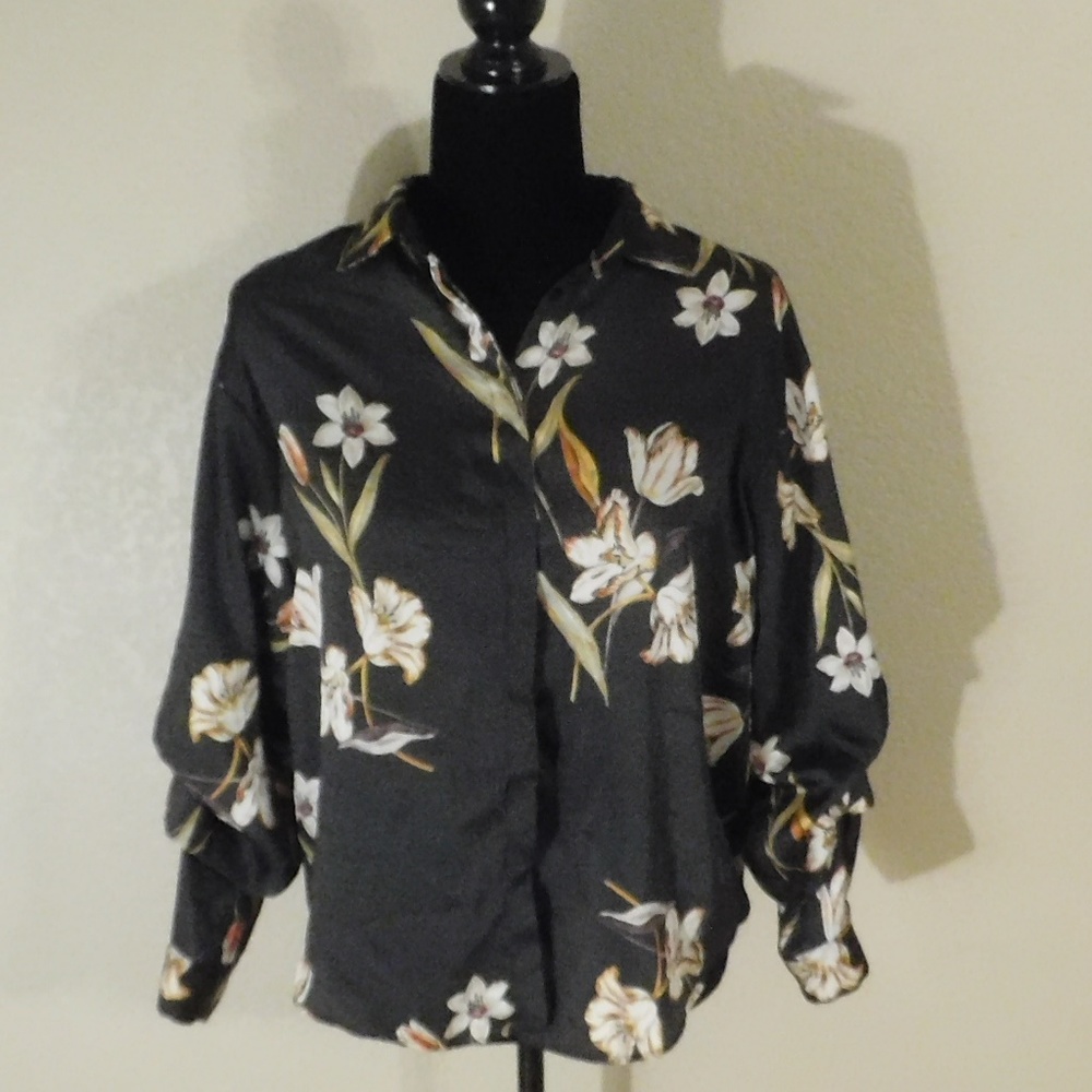Black Floral Button Down Top